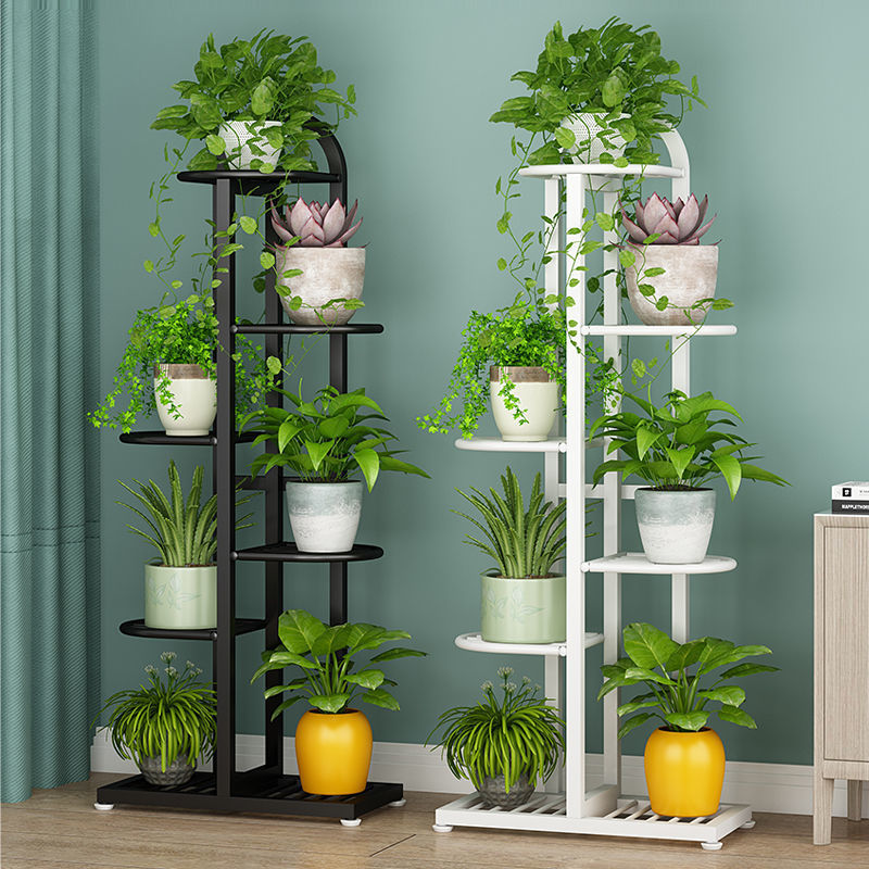 Estante de flores de hierro forjado Estante de macetas de piso Sala de estar interior Estante de decoración de balcón Estante de eneldo verde de ahorro de espacio de varios pisos