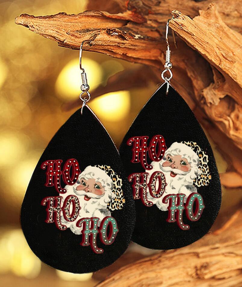 Christmas tree letter pu double-sided printing leopard pattern leather earrings
