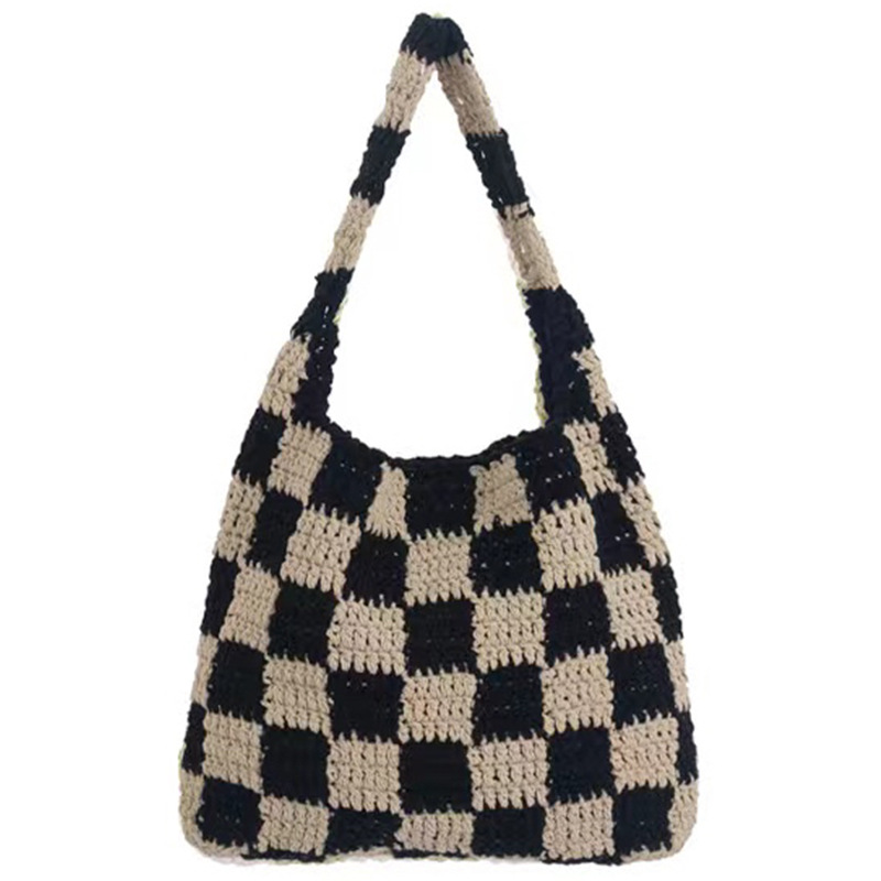 黑白格子棉绳编织相间手提拉绳钩针手工绳子包时尚黑白格子女包