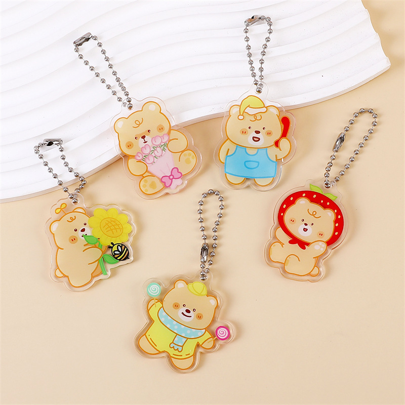 漫画クリームイエローベアアクリルペンダントかわいいキーホルダーウェーブビーズチェーン小さなペンダントスクールバッグペンダントジュエリー|undefined