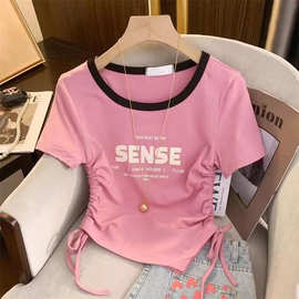 儿童方领T恤女童短袖夏季字母新款独特别致抽绳不规则短款上衣潮
