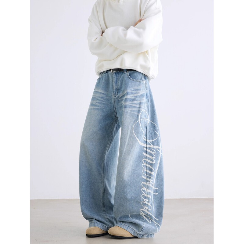 Letter Print Jeans for Men, Spring and Autumn Straight Loose Wide-Leg American High Street Pants, Trendy Versatile Cool Long Pants