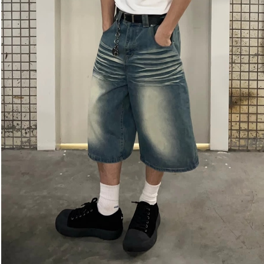 Men's Vintage Washed Blue Distressed Denim Shorts Loose Fit Streetwear Style Cargo Pants with Multi-Pockets_mkmklike.com