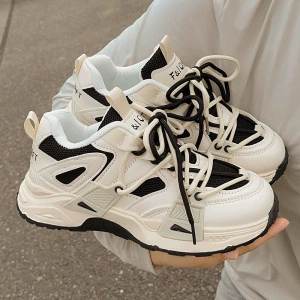 Спортивная обувь для девочек 2024 осень и зима плюс новый теплая черно-белая цветная шнуровка