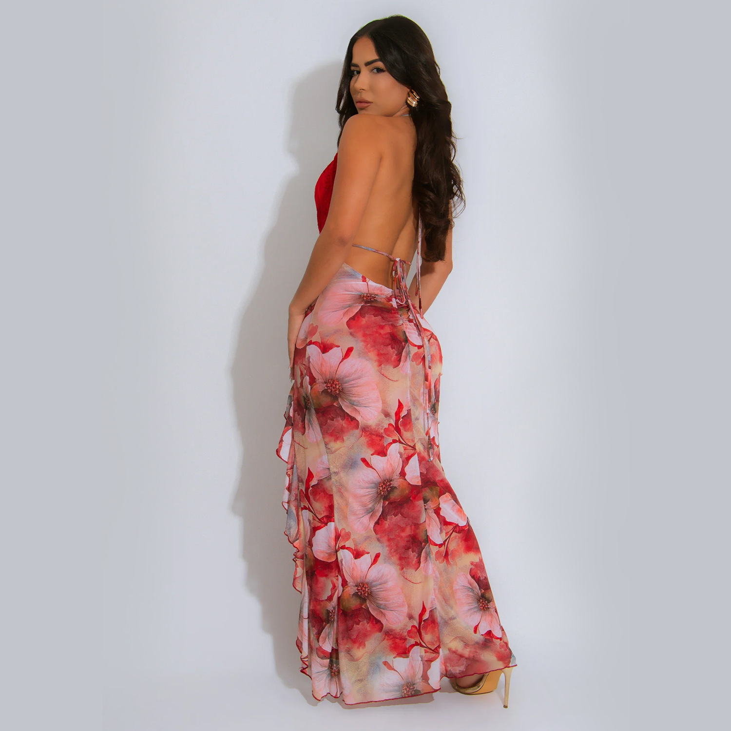 C7262 Transbordador AliExpress Amazon Moda europea y americana Vestido estampado delgado con cuello halter en v profundo sexy para mujer image 4