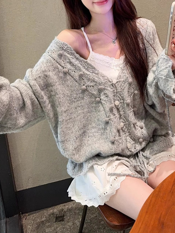 慵懒风宽松镂空钩花V领毛衣女2025早秋韩系设计抽绳下摆针织开衫|undefined