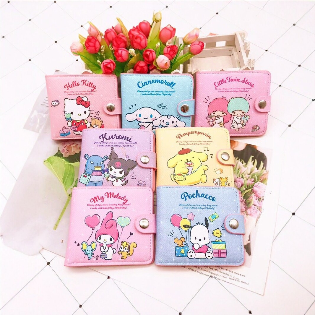 Sanrio cartoon short wallet for female students, featuring cute designs like Hello Kitty, Kuromi, and My Melody, with a folding design, card slots, and a coin purse