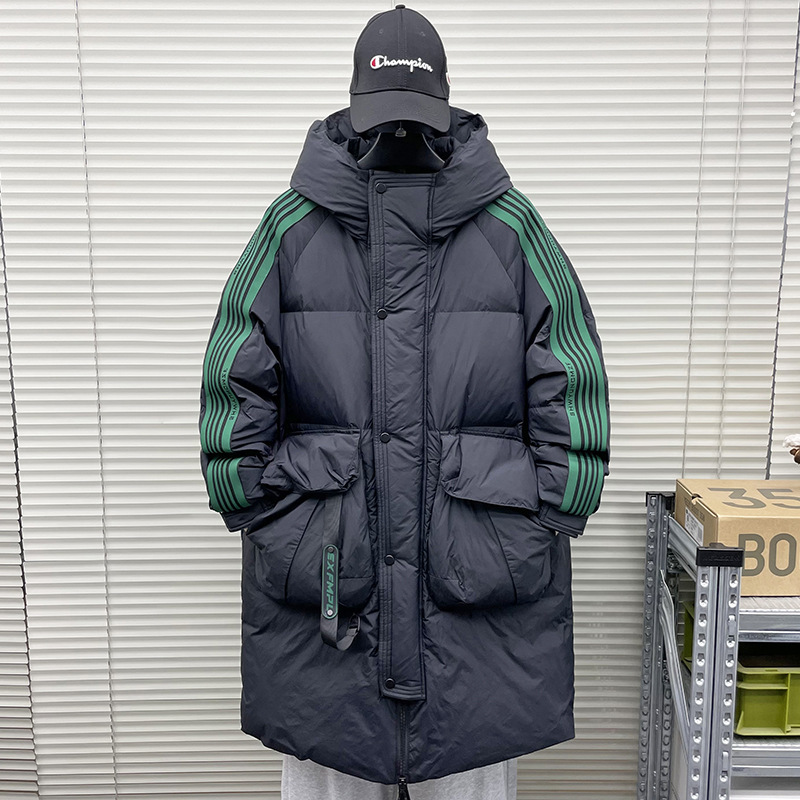 Medium and long down jacket for men and teenagers 2024 winter trendy striped Senior high school students cold resistance plus large size jacket Parker