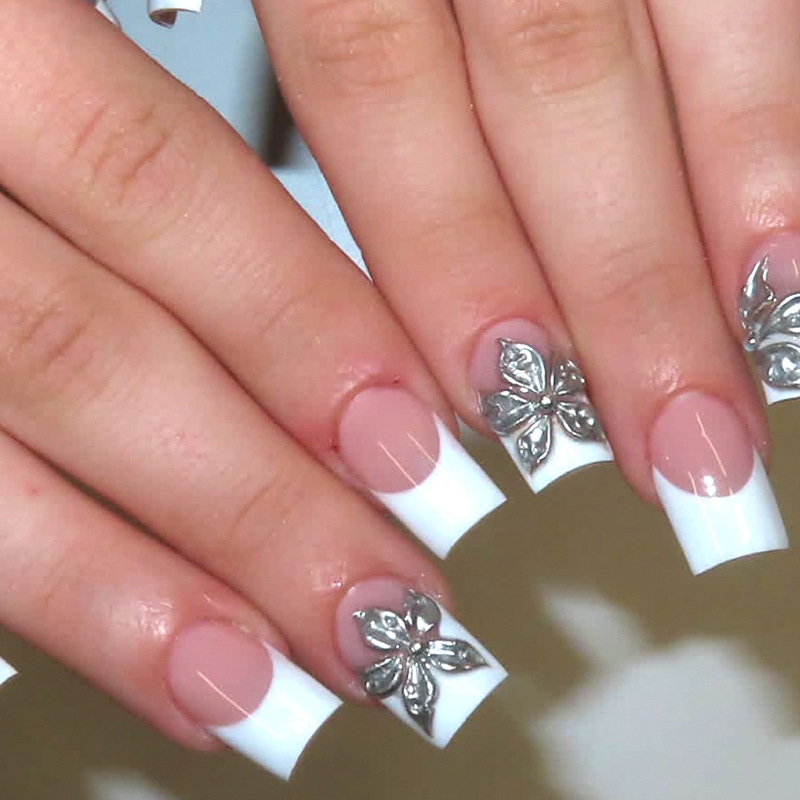 Wearable Nails Medium Square White French Style 3D Embossed Flower Design with Silver Mirror Powder Removable Fake Nails Wearable Nails Medium Square White French Style 3D Embossed Flower Design with Silver Mirror Powder Removable Fake Nails