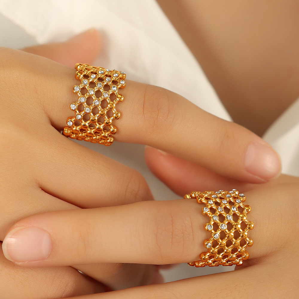 1 Pair Simple Series Retro Geometric Stainless Steel 18K Gold Plated Rhinestone Women Single Rings h5Picture4