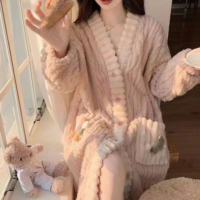 秋冬季珊瑚绒睡衣套装女加绒加厚家居服时尚可外穿法兰绒开衫睡袍|undefined