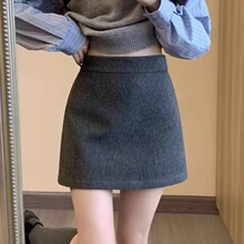 韩系纯色毛呢A字半身裙女秋冬高腰显瘦防走光短裙小个子包臀短裙