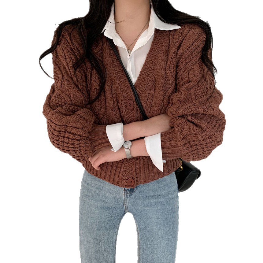 2025 otoño e invierno coreano nuevo estilo suéter torcido chaqueta mujer reducción de edad adelgazante cuello en V linterna manga suéter suelto mujer image 6