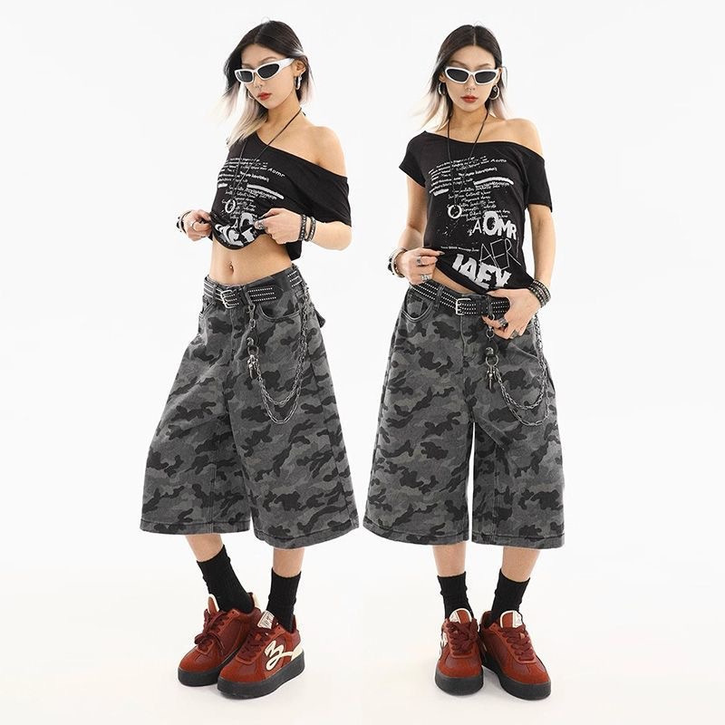 American Retro Camouflage Cropped Denim Shorts for Women, Summer New Loose Wide-Leg Casual Cargo Straight Pants Trendy