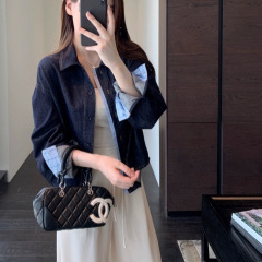 WTHEONE高品质拼接格纹小个子短款天丝翻领牛仔衬衫外套女2025秋
