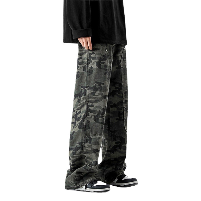 Estilo americano pesado camuflaje jeans hombres primavera y otoño retro hiphop recto mono ejército verde ancho-pierna mopping pantalones moda