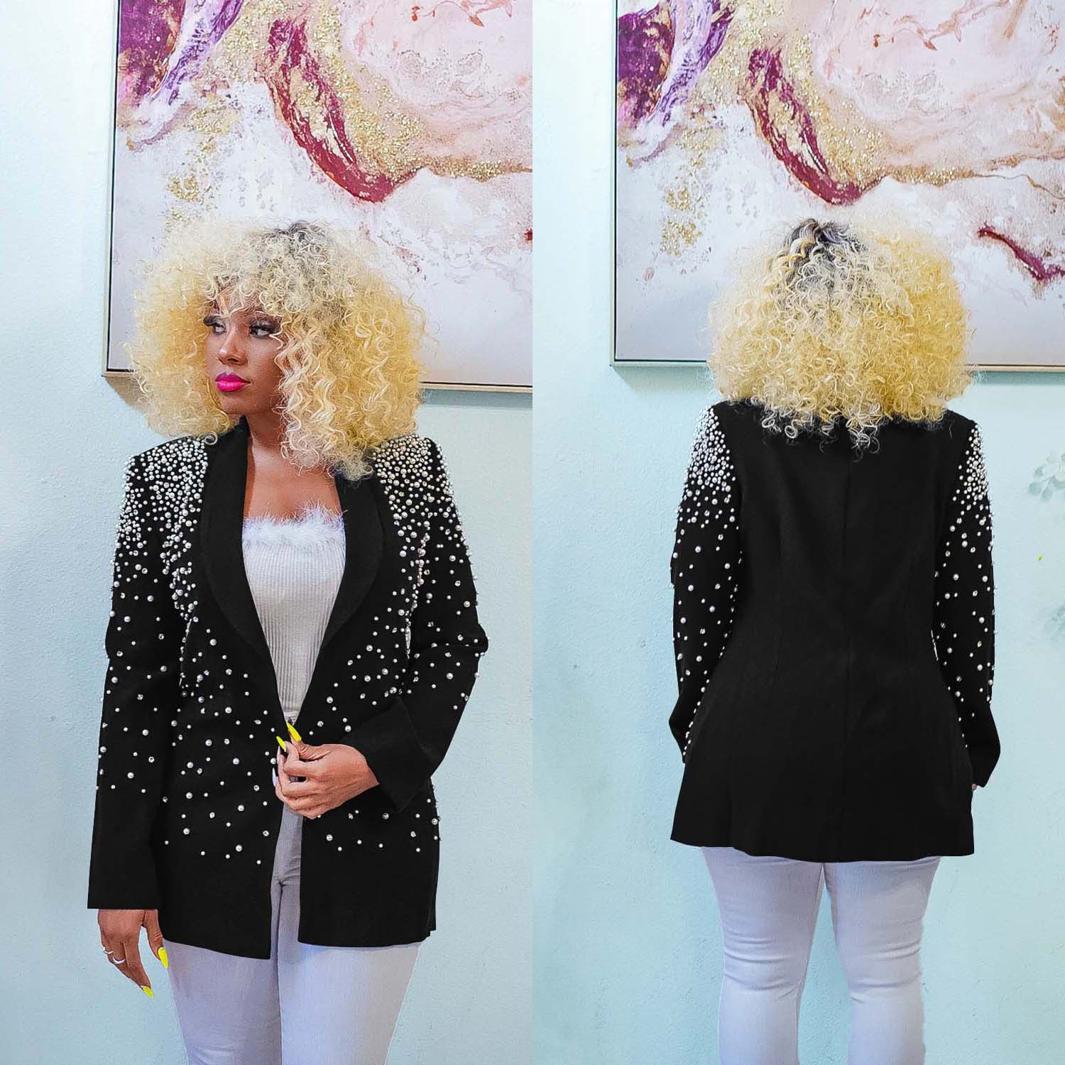 Saco Blazer Femenino con Solapa de Poliéster Manga Larga de Largo Medio para Oficina