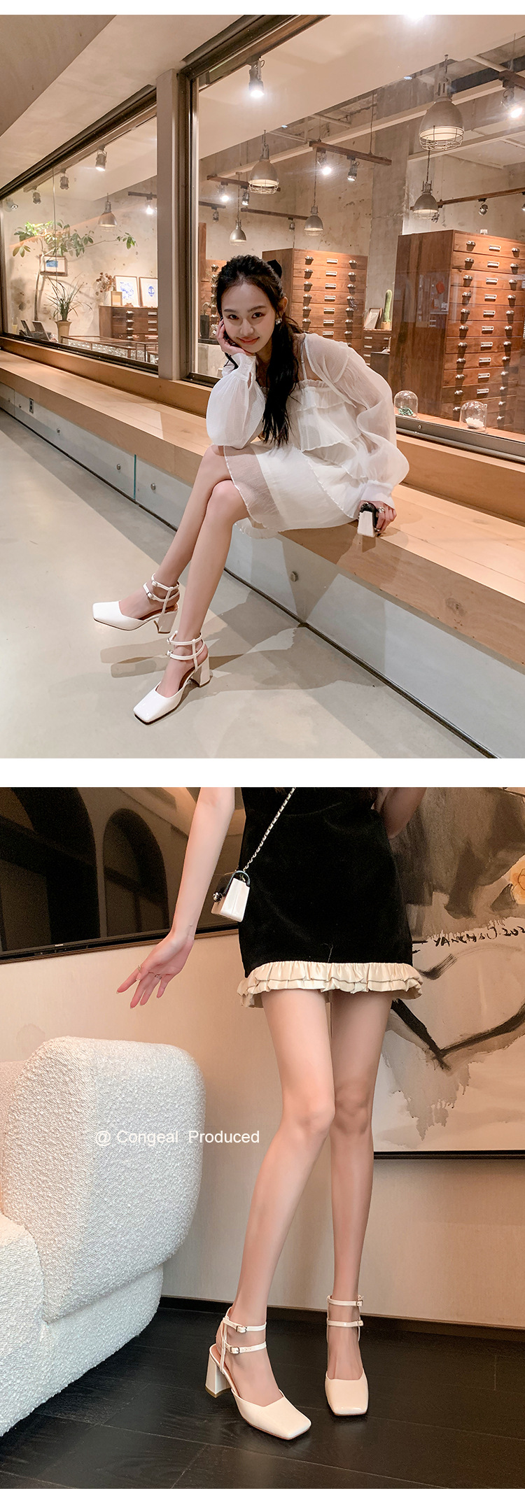 Giày sandal cao gót nữ mũi vuông bít mũi quai ngang gót thô da thật — Màu đen chi tiết 24
