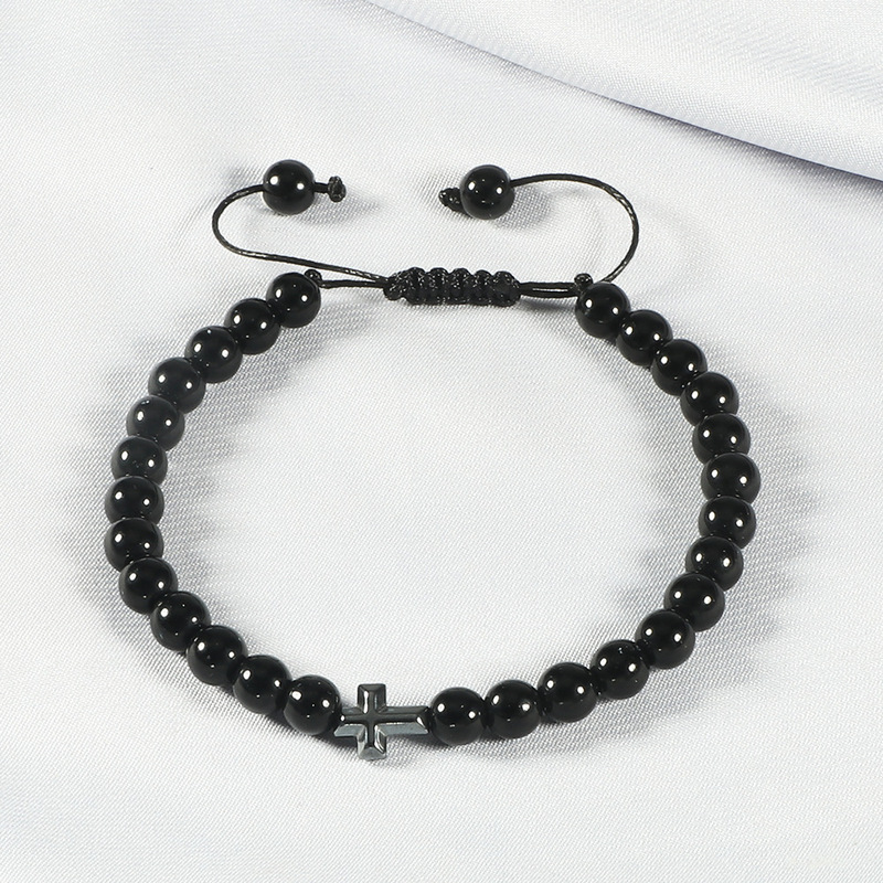 Turquoise Minimalist Fashion Jewelry Black Obsidian Cross Adjustable Bracelet Lava Volcanic Stone Bracelet Stretchable Style