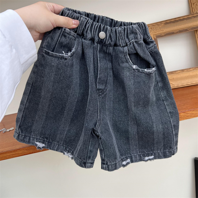 Boys summer American distressed shorts, children's dark cut denim loose casual pants, 5/4 pants_voghion.com