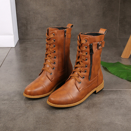Martin boots for women, size large, round toe, thick heel, laced, side zipper, solid color, mid-calf