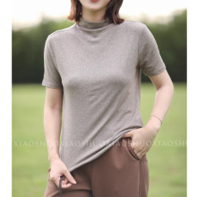 亲肤酥软简约基础款羊毛绒天丝立领短袖T恤女打底衫显瘦内搭上衣