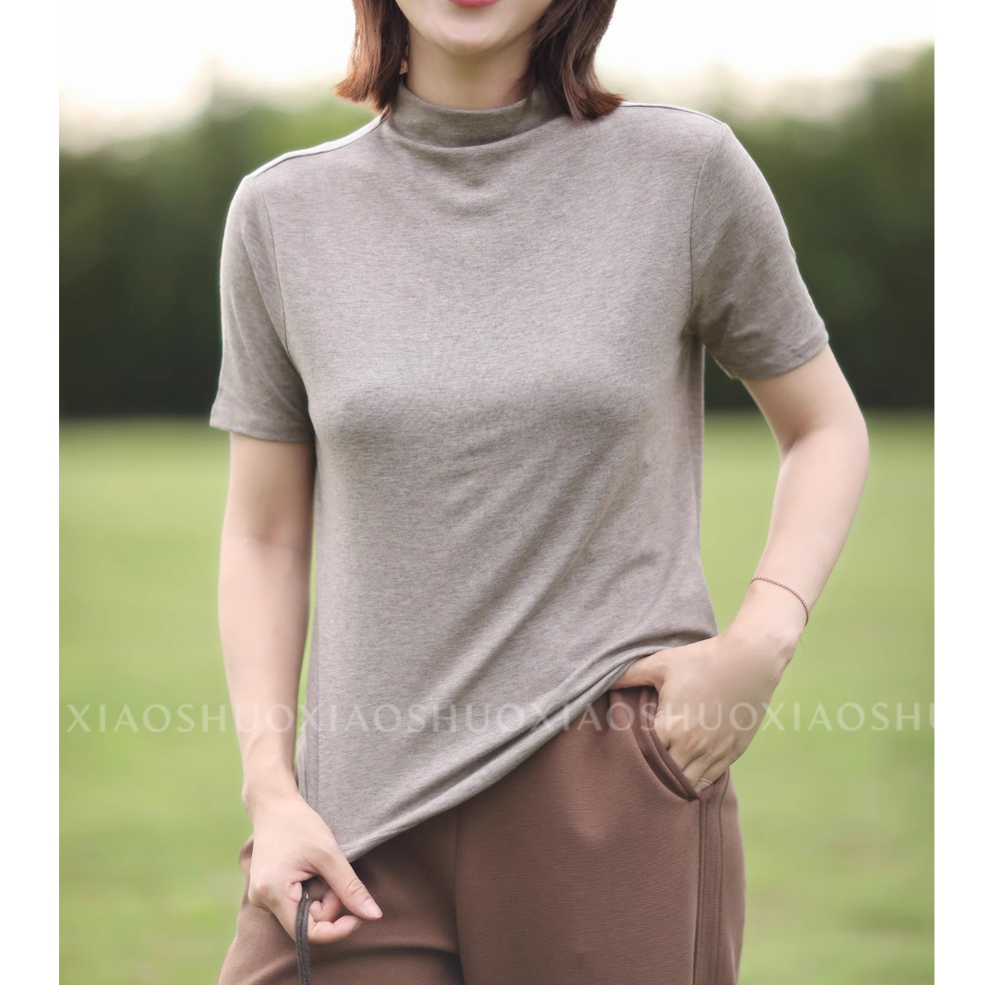 亲肤酥软简约基础款羊毛绒天丝立领短袖T恤女打底衫显瘦内搭上衣