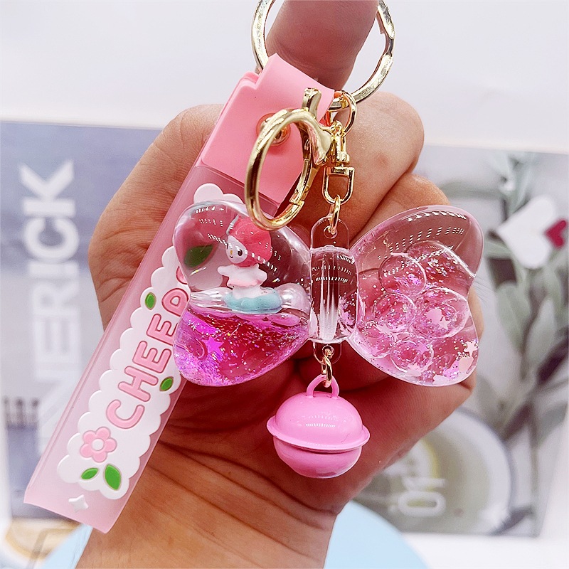 New Oil Floating Cartoon Wind Chime Quicksand Bow Keychain Personalized Trendyy Bag Pendant Car Pendant