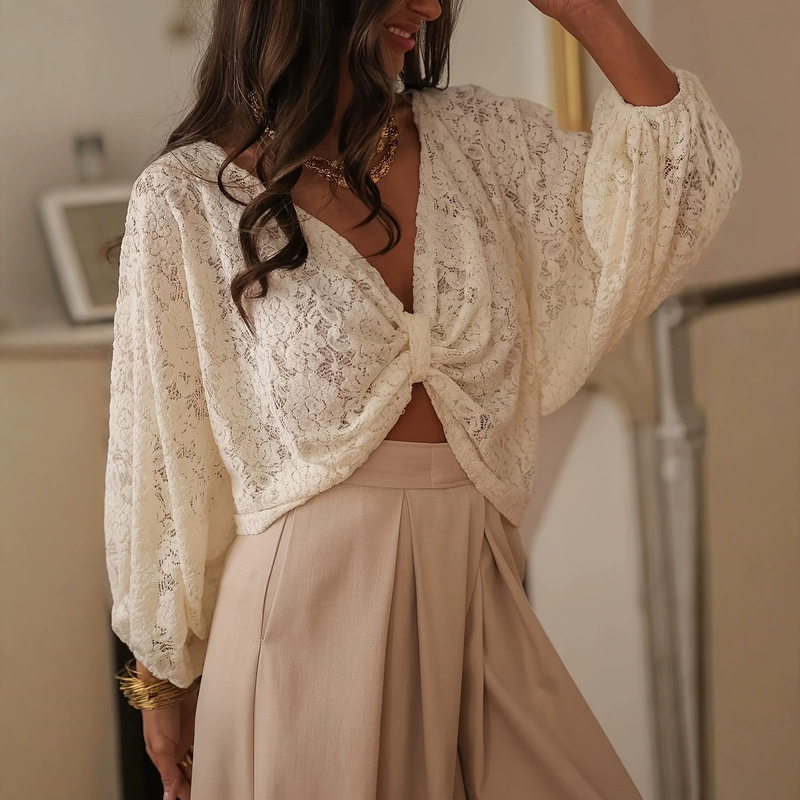 European and American French-Style New Foreign Trade Puff Sleeve Lace See-Through Fresh and Cute V-Neck Tummy-Concealing Slimming Shirt Top European and American French-Style New Foreign Trade Puff Sleeve Lace See-Through Fresh and Cute V-Neck Tummy-Concealing Slimming Shirt Top