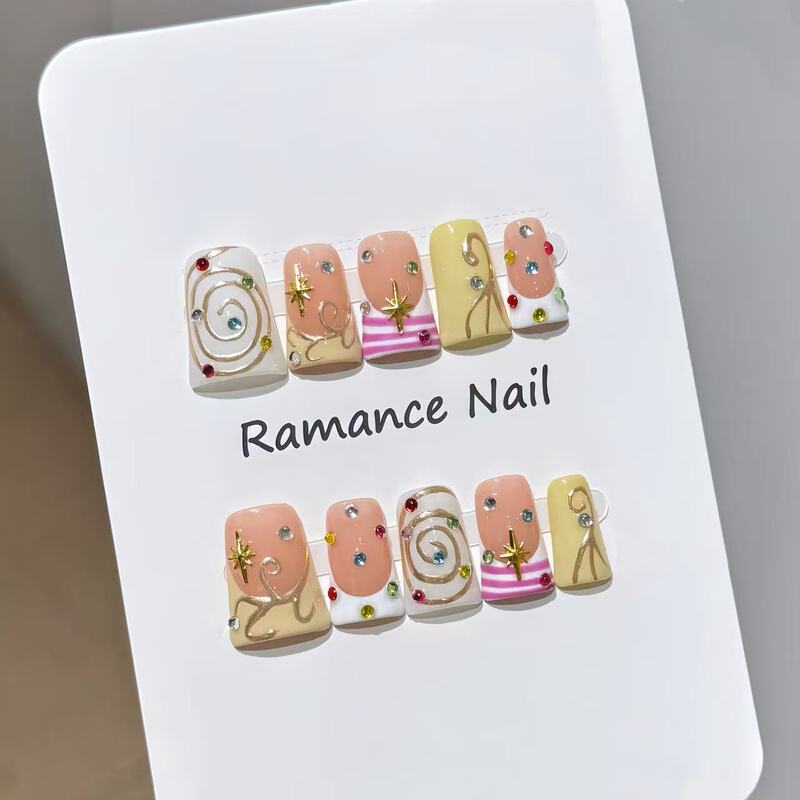 Purely Handmade Wearable Nails with Creamy Yellow and Nude Pink Contrasting Colors, Pink and White Stripes, Hand-Painted Four-Pointed Star, Colorful Rhinestone Nail Stickers, Removable Purely Handmade Wearable Nails with Creamy Yellow and Nude Pink Contrasting Colors, Pink and White Stripes, Hand-Painted Four-Pointed Star, Colorful Rhinestone Nail Stickers, Removable