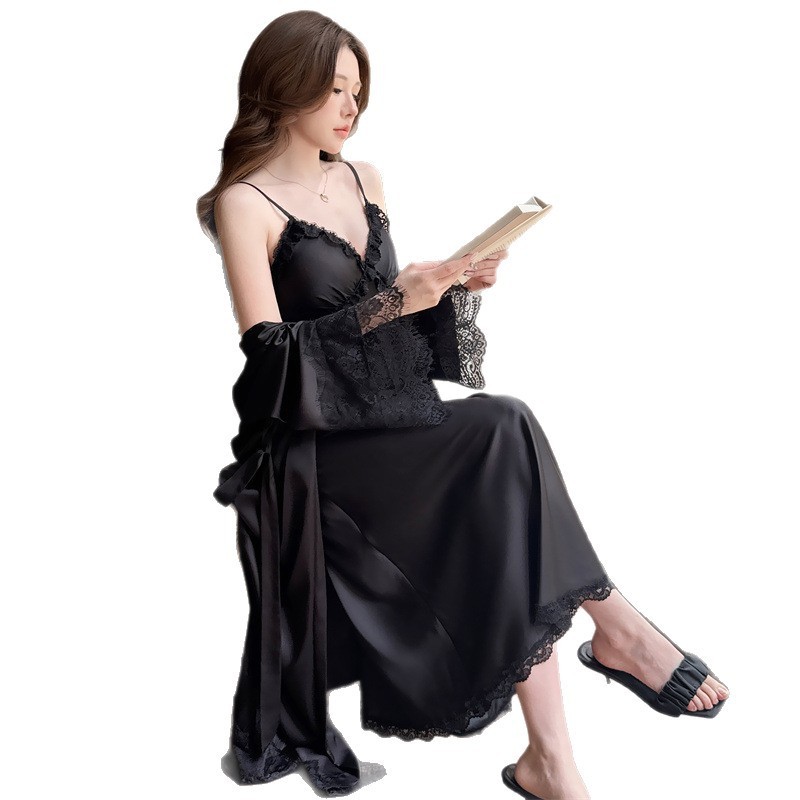 带胸垫冰丝吊带睡裙睡袍两件套长款睡衣法式纯欲仿真丝家居服女|undefined