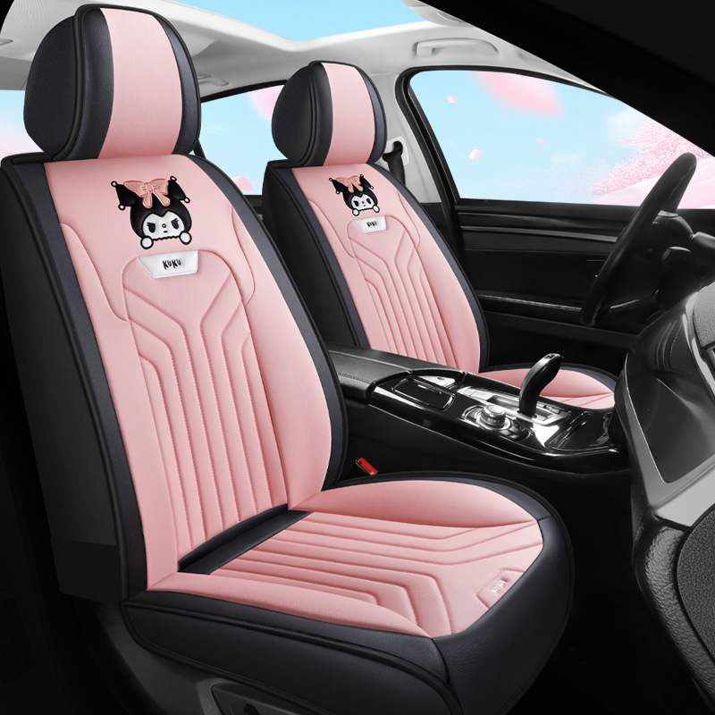 Universal 2024 Full Leather Cartoon Car Seat Cushion Four Seasons Universal (Seat cushion, seat cover) - standard-black-pink-split-head