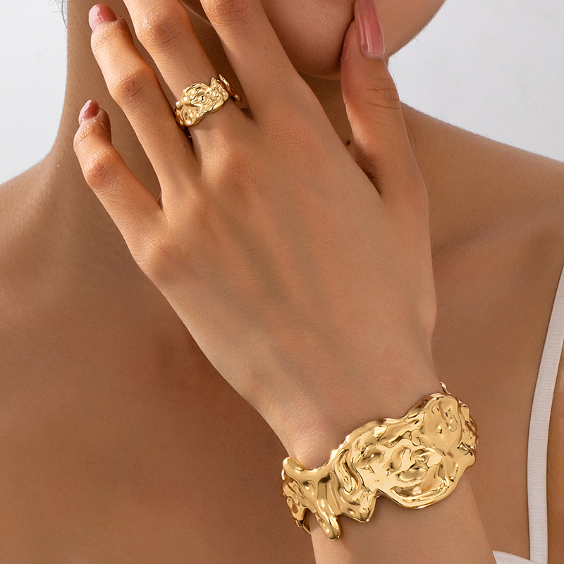 欧美异形不规则几何女士开口手镯戒指套装复古优雅时尚首饰套装