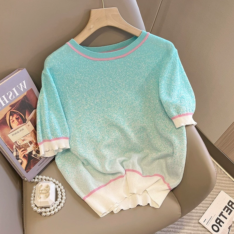 Новый летний цветной свитер с круглым вырезом из ледяного шелка, универсальный повседневный свободный топ для женщин