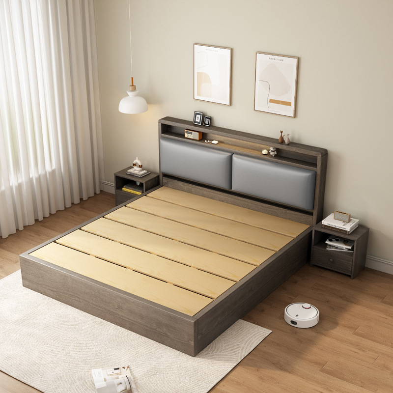 Thickened Large Plank Soft Bag Solid Wood Bed 1.8 m Household Double Bed 1.5 Single Bed Rental Room 1.2m Bed Frame