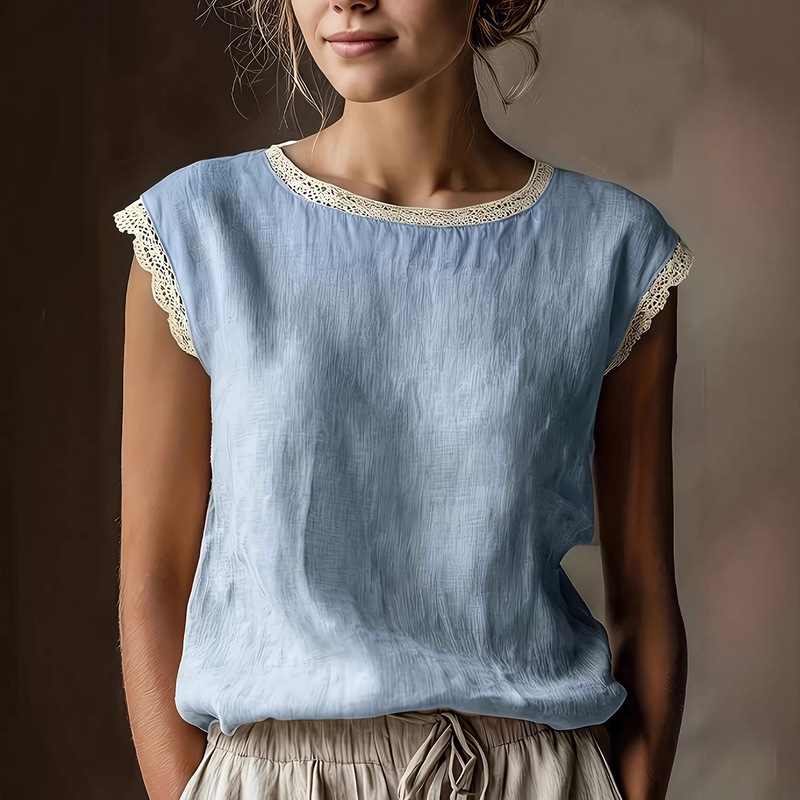 2026 New Cross-Border European and American Women's Retro Loose Solid Color Round Neck Lace Splicing Sleeveless Linen Blend Shirt