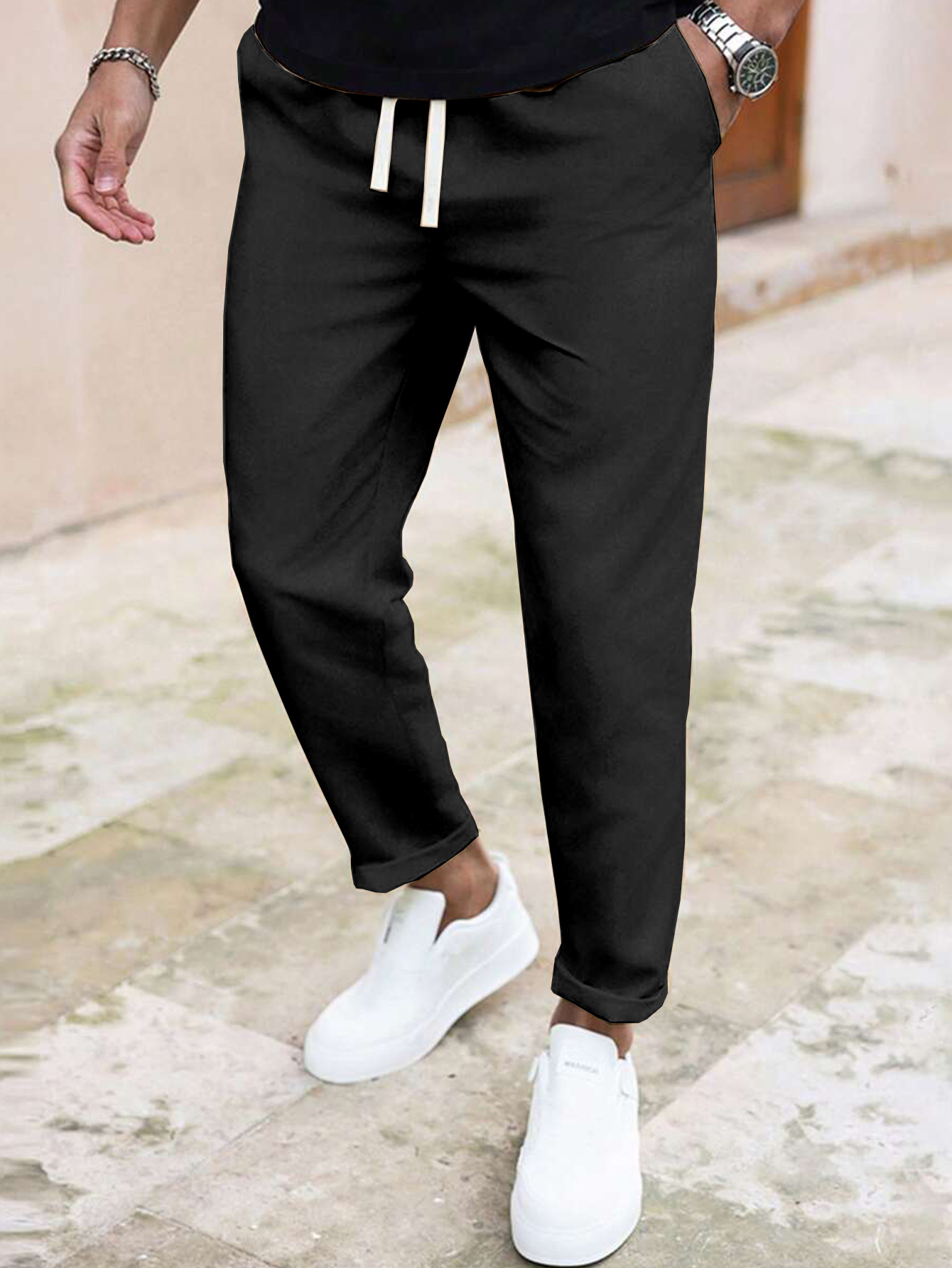 ​​"Men's Slim Fit Casual Pants - Solid Color Drawstring Waist, Lightweight Polyester For Everyday Comfort & Street Style"​​_viptrois.com