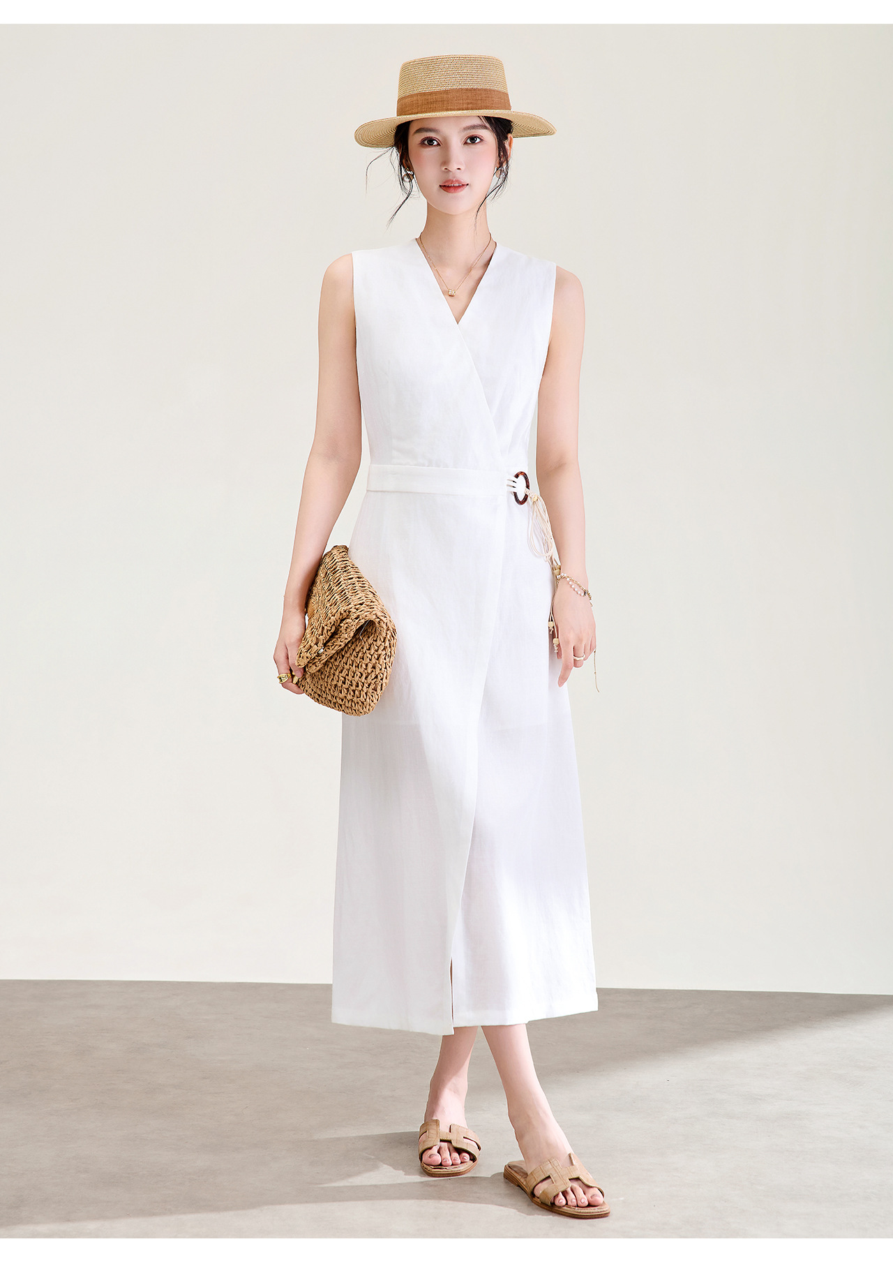 Đầm maxi nữ thắt eo phong cách Old Money chất liệu vải gai phối lụa — màu trắng ngà chi tiết 21