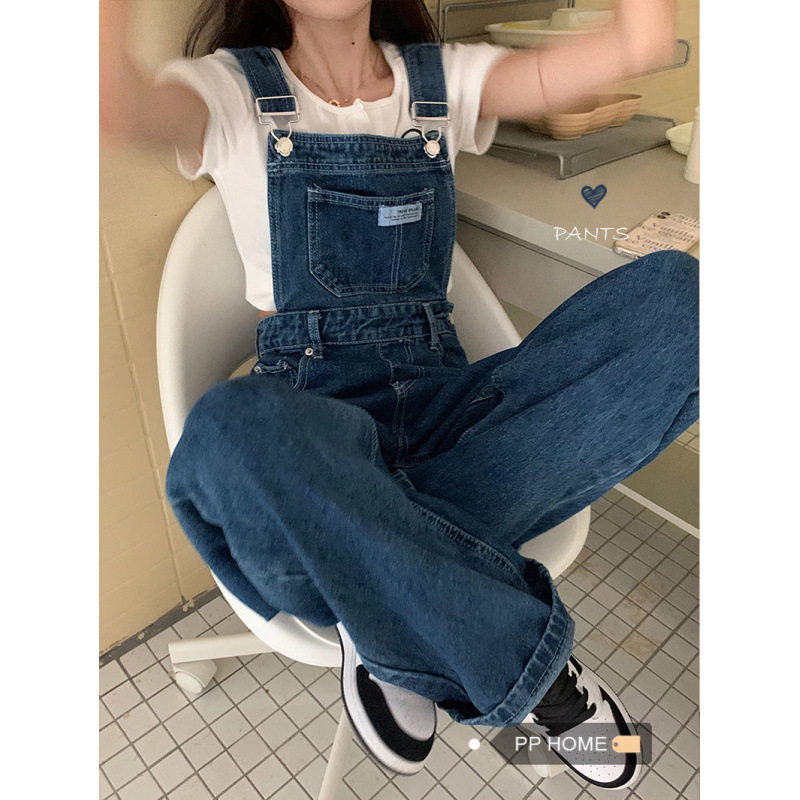 网红背带裤女复古高腰阔腿牛仔裤夏季减龄百搭宽松休闲直筒长裤子|undefined