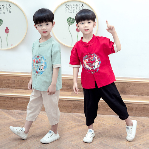 Mandarin Collar Summer Style Traditional Chinese Costume Set for Boys, Baby Cotton and Linen Hanfu, Gentleman's Dress, Ancient Costume for Children's Performance Dress