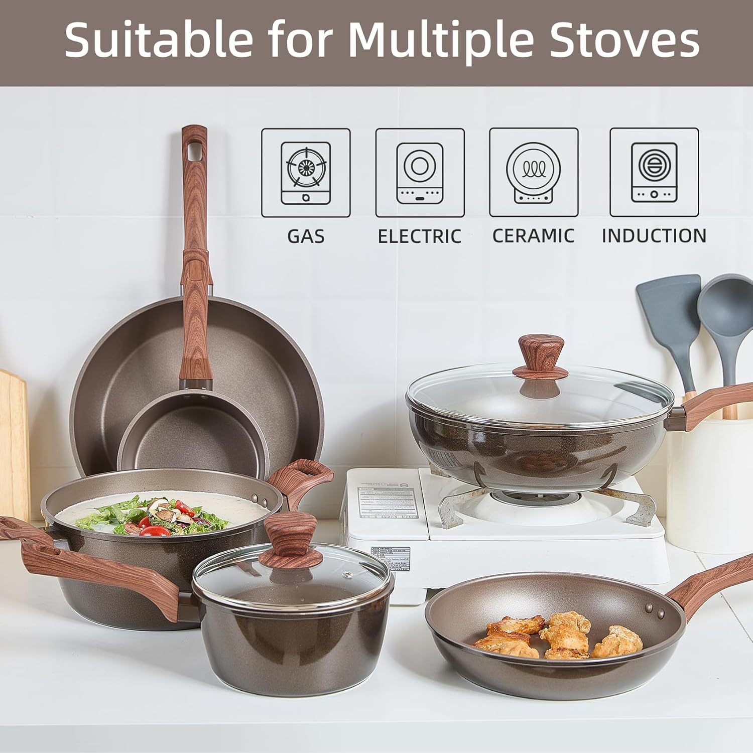 Venta caliente transfronteriza Imitación de aluminio Fundición a presión Juego de sartén antiadherente Juego clásico de 11 piezas Sartén Wok Juego de olla de sopa Cocina de inducción universal