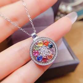 新款天然彩蓝宝吊坠S925银镶嵌主石圆3.5mm百搭网红爆款女饰批发