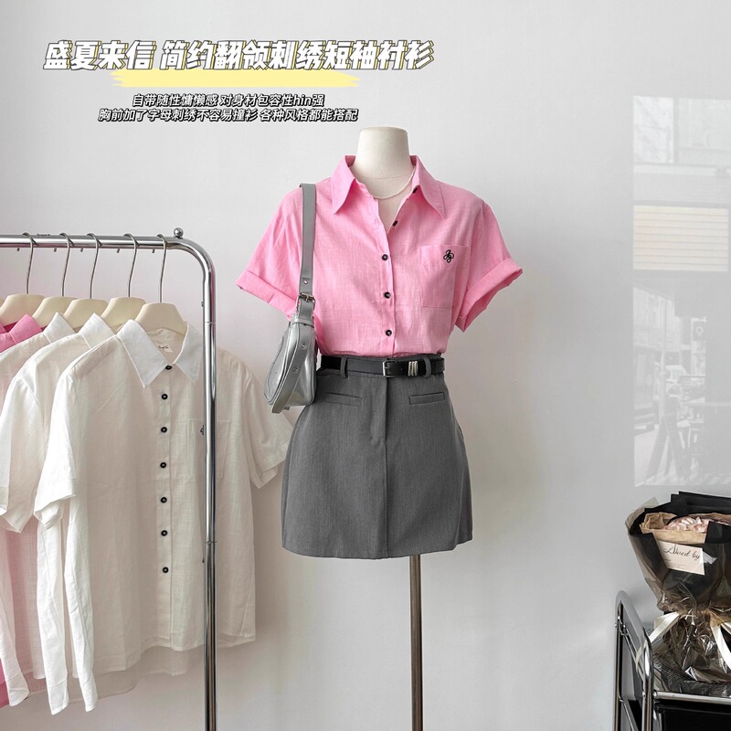 Midsummer Letter 100% Cotton and Linen Casual Lapel Embroidered Short-Sleeved Pink Shirt Women's Summer Lightweight Shirt