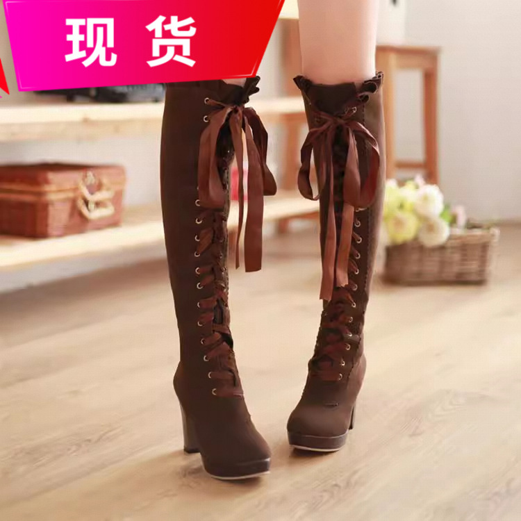 跨境高跟马丁靴绒面前系带高筒靴韩版圆头水台女靴子大码长靴