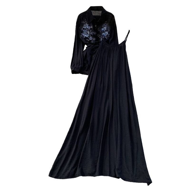 French Elegance Sequin Blazer Dress Set, Mid-Length Cross-Waist Blouse & Camisole Dress 2-Piece Outfit For Women_ecoleips.com