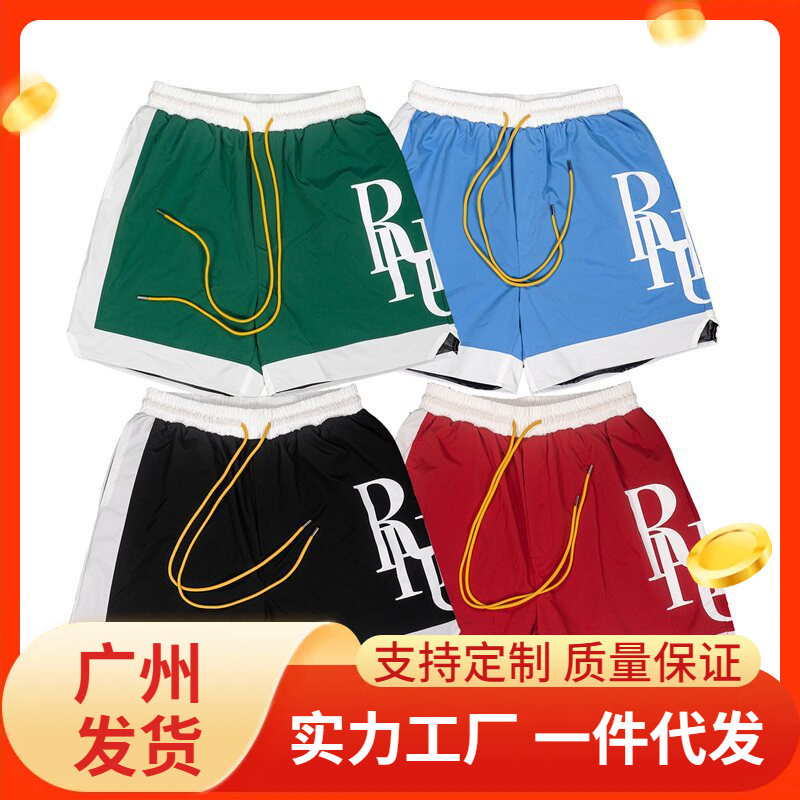Cross-Border Rhude New Color-Blocked Large Logo Printed Shorts for Men and Women, Street Style Loose Casual Five-Point Shorts Beach Shorts