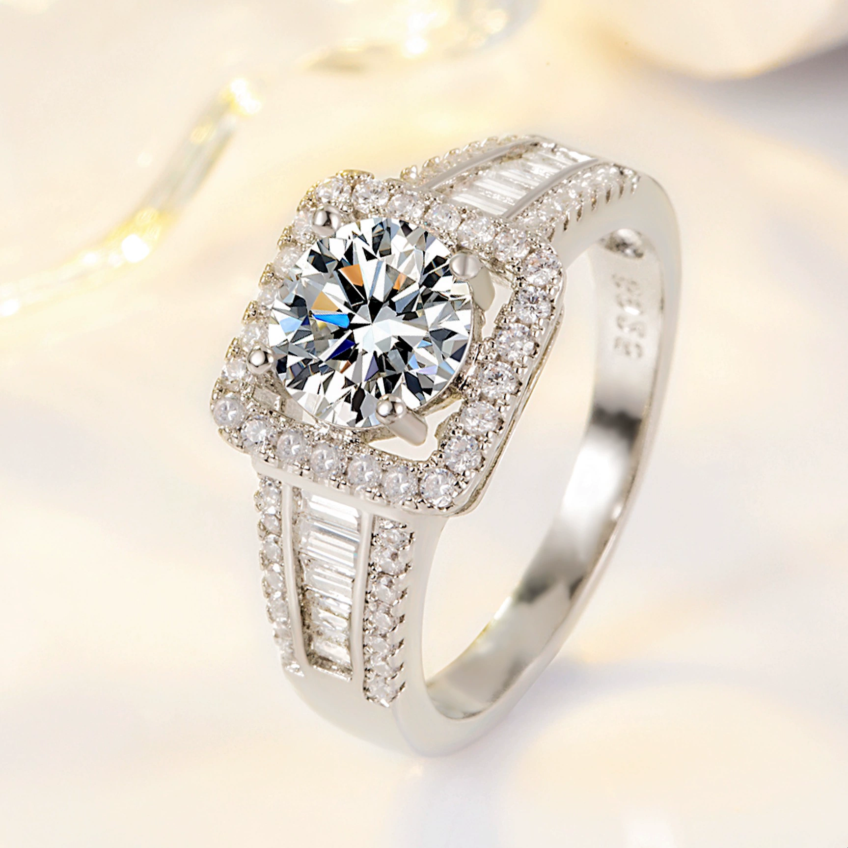 Wedding ring, zirconium, square ring with stone, diamond encrusted