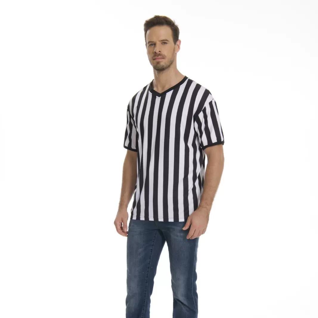 条纹V领T恤篮球足球裁判服排汗短袖运动服男款T恤体育装备透气