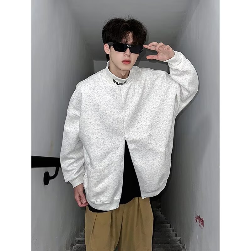 Grey Heavy-weight Half-turtleneck Sweater Men's Autumn and Winter Design Sense Half-zipper Cardigan Jacket Sportshirt Grey Heavy-weight Half-turtleneck Sweater Men's Autumn and Winter Design Sense Half-zipper Cardigan Jacket Sportshirt