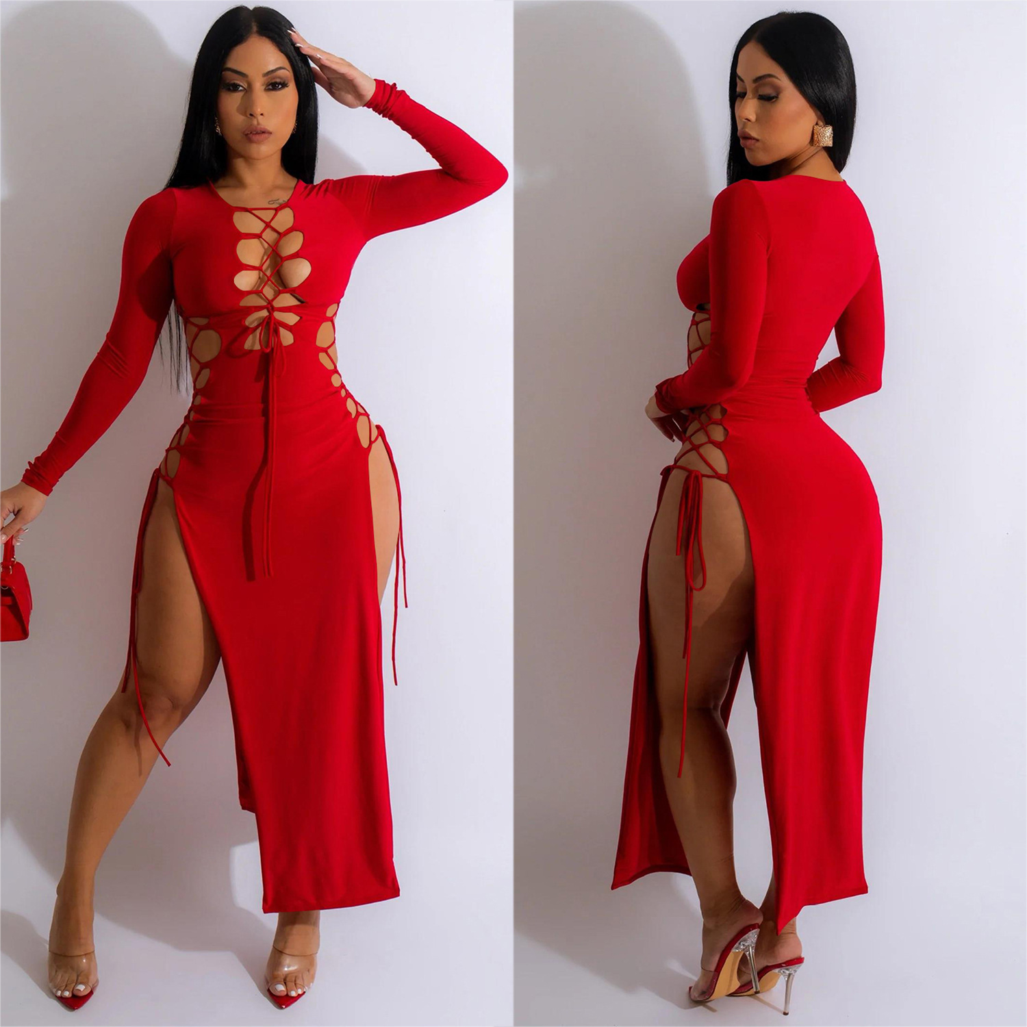 C6237 Aliexpress transfronterizo amazon ropa de moda europea y americana de mujer de color sólido corda abierta vestido de manga larga image 4
